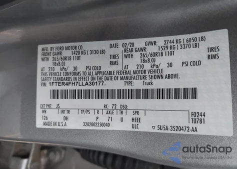 2020 Ford Ranger Lariat z USA, uszkodzony, nr VIN 1FTER4FH7LLA30177